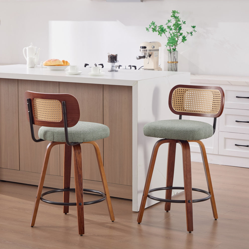 English Elm Set of 2 Swivel Counter Stools Walnut Frame Rattan Back Linen Seat Kitchen Island Light Green W1143P392172