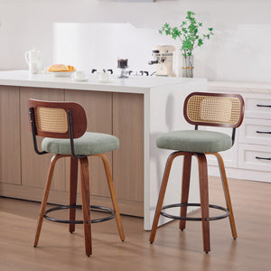 English Elm Set of 2 Swivel Counter Stools Walnut Frame Rattan Back Linen Seat Kitchen Island Light Green W1143P392172