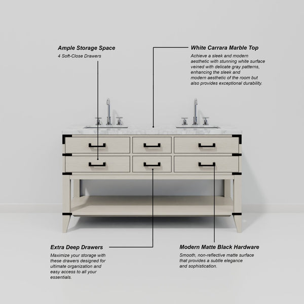 English Elm White Oak Double Bath Vanity Set With Carrara Marble Top, Faucets & 28" Mirrors For Elegant Spaces B2731S01890-GIGA