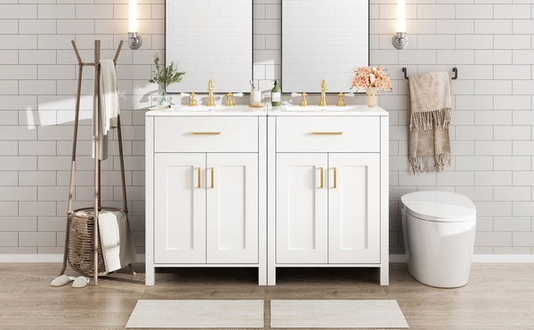 English Elm Modern 48 Inch Freestanding Bathroom Vanity Dual Ceramic Sinks Soft Close Gold Handles White N729P000008K