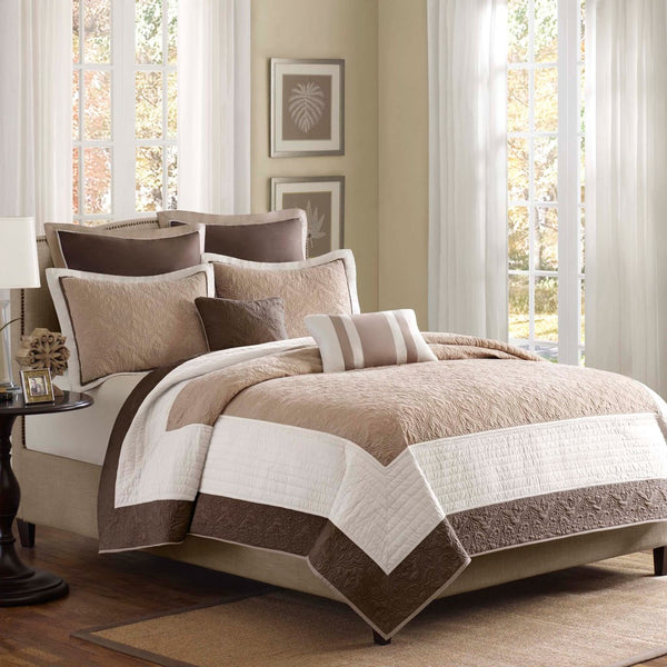 English Elm 7 Piece Attingham Reversible Quilt Set Beige Chocolate Taupe Full/Queen with Euro Shams & Pillows Cozy Elegant Design B03597430