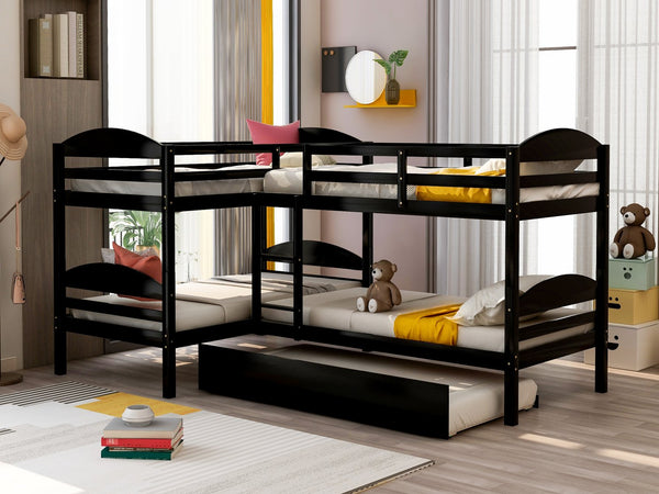 English Elm Twin L-shaped Mission Bunk with Trundle Sleeps Five Solid Pine Kids Room Bed LT000024AAP