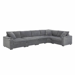 English Elm 104" Corduroy L-shaped Sectional with Usb Charging Armrest Storage and Cup Holders Gray N723S1187E