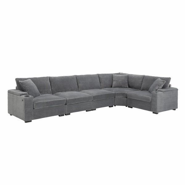 English Elm 104" Corduroy L-shaped Sectional with Usb Charging Armrest Storage and Cup Holders Gray N723S1187E