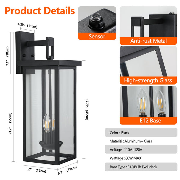 English Elm 2-Pack Outdoor Wall Lanterns 22" with Dusk-to-Dawn Sensor, Matte Black Aluminum, Clear Glass Panels W2312P374779