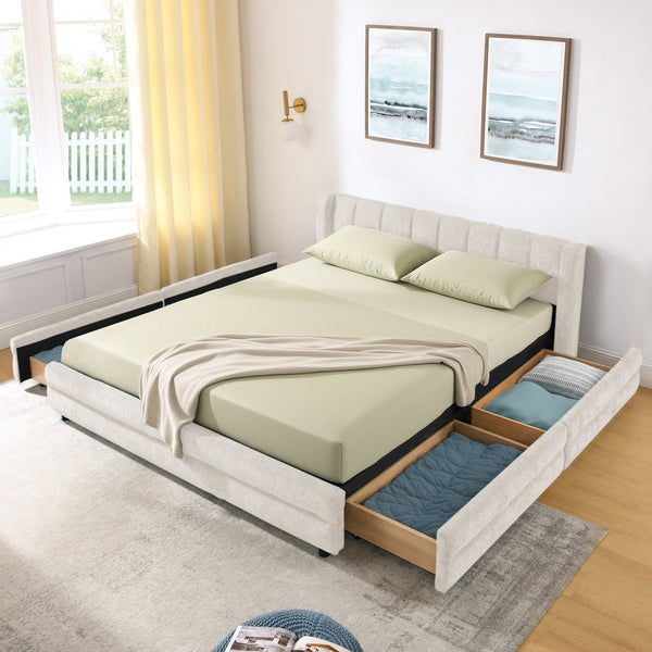 English Elm Queen Chenille Upholstered Storage Bed Wingback Headboard Platform Frame Bedroom Beige W487S00417