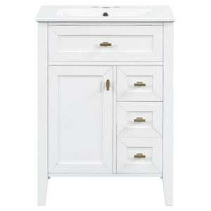 English Elm "24'' 24 Inch Glossy Freestanding Bathroom Vanity with Gold Hardware and Soft Close Storage White Rubberwood N725P448529K