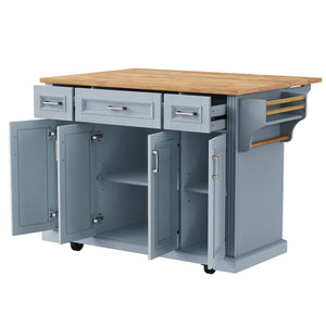 English Elm K&k Farmhouse Rolling Kitchen Island Rubberwood Drop Leaf 3 Drawers 4 Cabinet Doors Grey+Blue N707S195395G