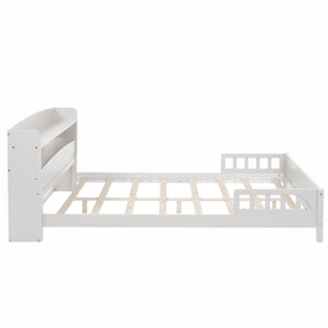 English Elm Full Pine Wood Bed with Bookcase Headboard and LED Motion Sensor Light, Guardrails & Storage Space White W504P277600