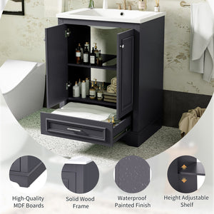 English Elm 24'' Bathroom Vanity with Ceramic Sink Combo Modern Freestanding MDF Cabinet with Soft-Close Doors and Sleek Silver Handles for Spacious Organized Bathroom Storage Blue Gray N710P194893C