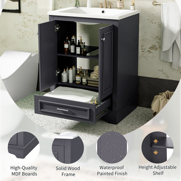 English Elm 24'' Bathroom Vanity with Ceramic Sink Combo Modern Freestanding MDF Cabinet with Soft-Close Doors and Sleek Silver Handles for Spacious Organized Bathroom Storage Blue Gray N710P194893C