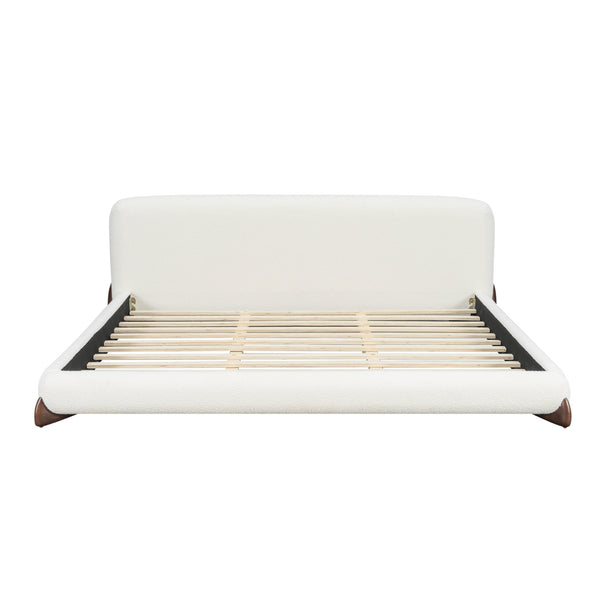 English Elm King Boucle Upholstered Platform Bed Sculpted Headboard Solid Wood Legs Bedroom N757K333334W