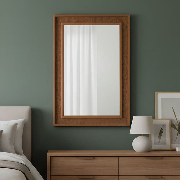 English Elm Natural Rattan Wrapped Solid Wood Frame Rectangle Mirror for Farmhouse Entryway Bath Yellowish-Brown W2203P436625