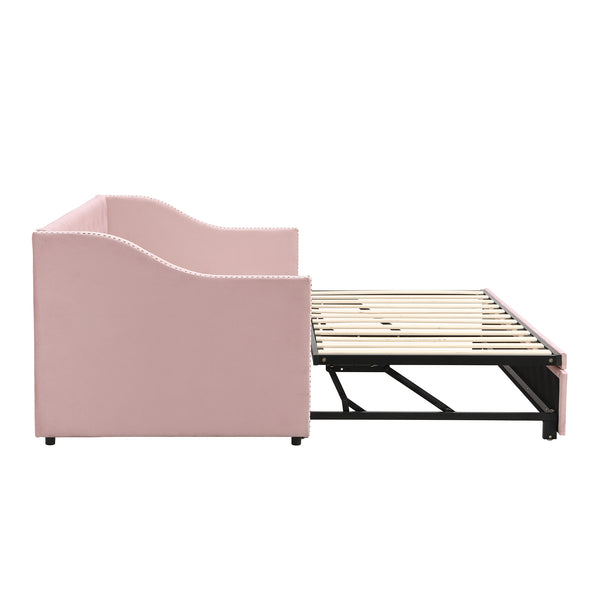 English Elm Twin Upholstered Daybed with Pop-Up Trundle, Space-Saving Guest Bed with Slats, Hydraulic Wheels, 81.9" L Pink SF000133AAH