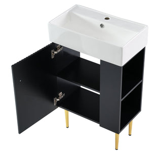 English Elm 21.6" Black Modern Bathroom Vanity with Ceramic Sink, Right Side Storage, Gold Legs & Soft-Close Doors SV000006AAB