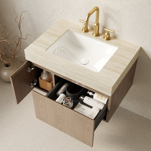English Elm Muri Floating Bathroom Vanity Plywood Cabinet Sintered Stone Top Ceramic Basin W2615S00618