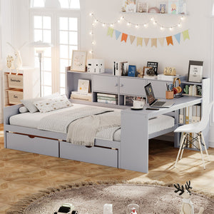 English Elm Full Size L-shaped Daybed with Built-in Desk Bookshelf and Storage for Small Spaces N733S351674E