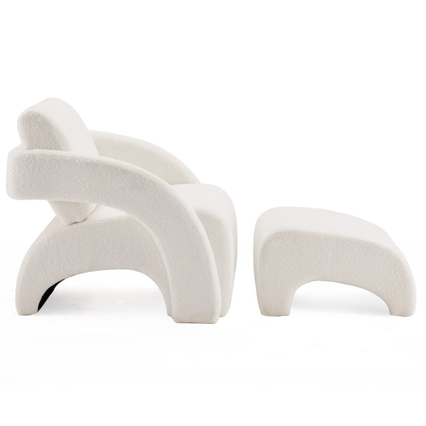 English Elm Upholstered Bouclé Lounge Chair and Ottoman Set with Curved Sled Base for Modern Rooms T3623P430771