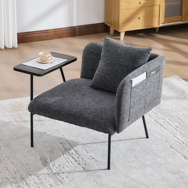 English Elm Leisure Linen Accent Chair with Built-in Side Table Pockets and Lumbar Pillow Modern Dark Gray W395P453309