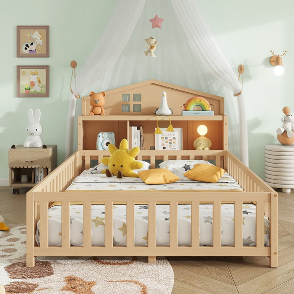 English Elm Full-size Montessori Floor Bed with Built-In Bookcase and Chalkboard, Space-Saving Solid Wood Platform for Kids Natural 56.3 L x 17.32 W x 5.31 H W1716S00014