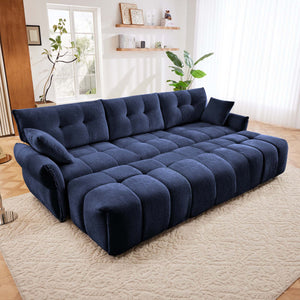 English Elm 3-Seater Sofa Set With 3 Ottomans & Pillows - Elegant Blue Chenille, Solid Wood Frame, Stylish Comfort W714S01151