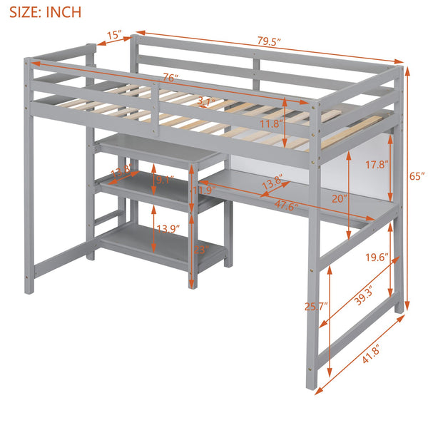English Elm Twin Loft Bed with Built-in Desk Shelving and Dry-erase Board for Kids Rooms Gray LT100320AAE