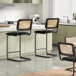English Elm Counter Height Bar Stools Set Of 2 - Stylish Pu Leather & Rattan Back For Modern Kitchen Decor T3623P360901