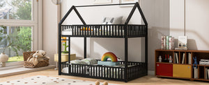 English Elm Metal Twin over Twin House Bunk Bed with Playful Roof, Sturdy Metal Frame, Quiet Support for Kids Black N709P214091B