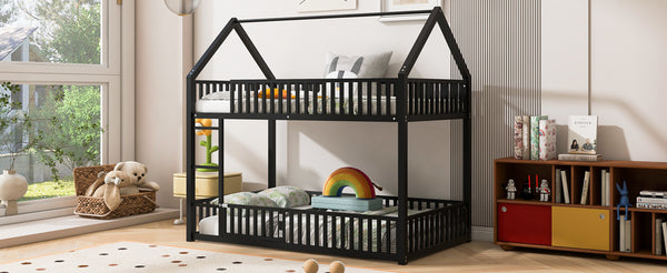 English Elm Metal Twin over Twin House Bunk Bed with Playful Roof, Sturdy Metal Frame, Quiet Support for Kids Black N709P214091B