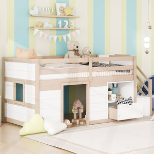 English Elm Solid Pine Twin Low Loft Bed with Stair Drawer Shelf Playhouse Frame for Kids W697S00036