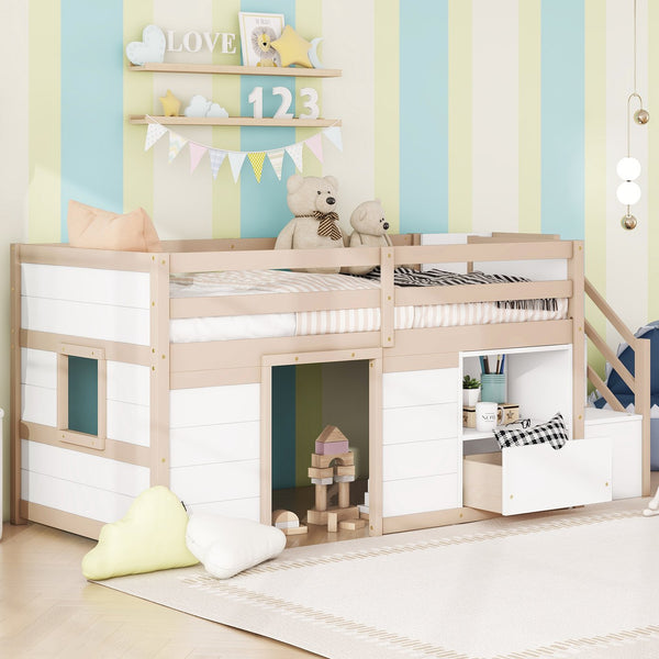 English Elm Solid Pine Twin Low Loft Bed with Stair Drawer Shelf Playhouse Frame for Kids W697S00036