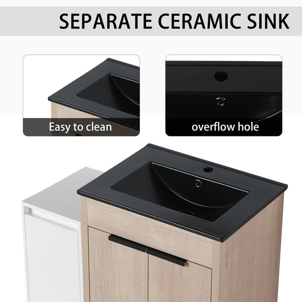 English Elm 36 Inch Freestanding Bathroom Vanity With Black Sink, Soft-Close Doors & Ample Storage Solutions W999S00303