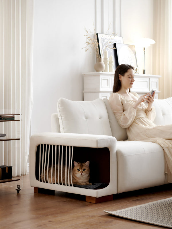 English Elm 3 Seater Sofa Modern 89" Beige Velvet Couch for Small Spaces Cat-Friendly Waterproof Scratch-Resistant W2656S00001