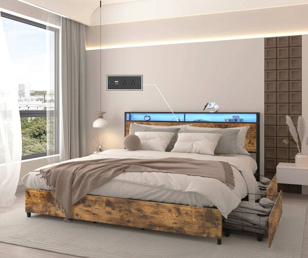 English Elm King Storage Bed Frame with Charging Station, LED RGB Lighting, 4 Drawers, Sturdy Metal Build, Noise-Free Antique brown W2129P210694