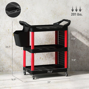 English Elm Capacity 3-tier Rolling Plastic Workshop Cart with Hooks Bucket and Locking Wheels T3971P412601
