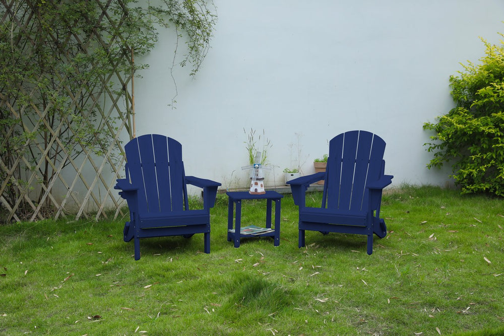 English Elm Folding Adirondack Chair Set with Side Table, Weatherproof HDPE Wood-Grain Finish, Cup Holder, 350lb Capacity Navy Blue W2103P254615