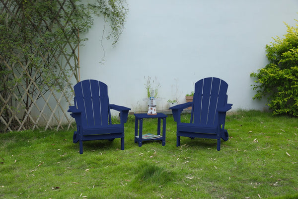 English Elm Folding Adirondack Chair Set with Side Table, Weatherproof HDPE Wood-Grain Finish, Cup Holder, 350lb Capacity Navy Blue W2103P254615