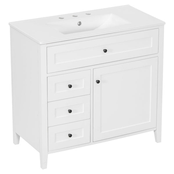 English Elm 36-Inch White Bathroom Vanity With Sink, Modern Mdf & Rubberwood, 3 Drawers & Adjustable Shelf Storage N725P350821K