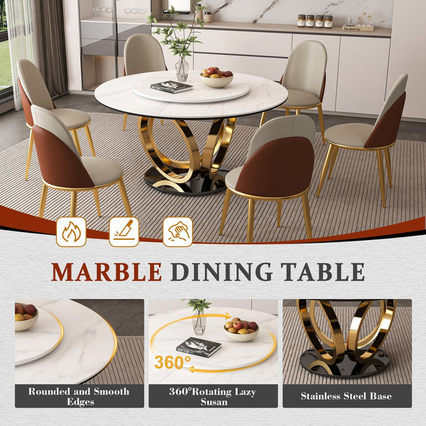 English Elm 53" Round Dining Table With 360° Lazy Susan - Stain & Heat Resistant Sintered Stone For Modern Spaces W2699S00032