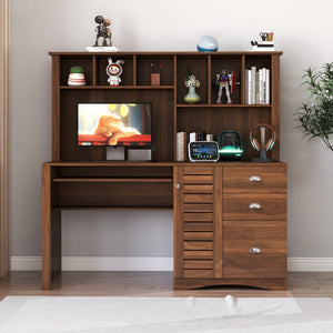 English Elm Home Office Computer Desk with Hutch, Antiqued Finish, Spacious Storage, Waterproof Scratchproof Surface Walnut W331S00186