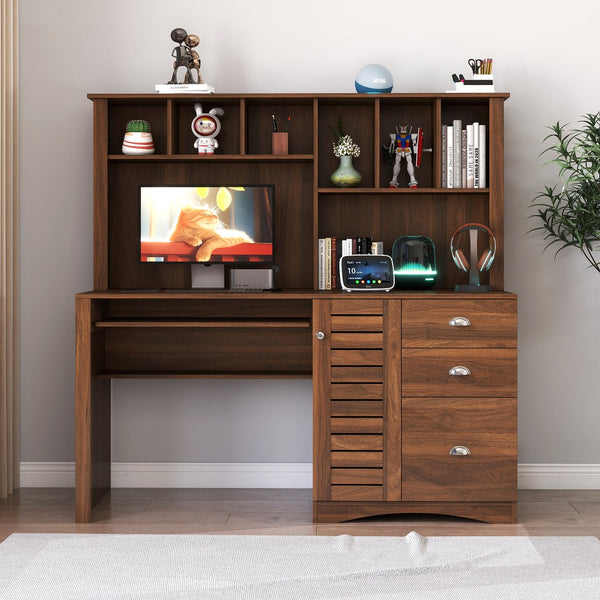English Elm Home Office Computer Desk with Hutch, Antiqued Finish, Spacious Storage, Waterproof Scratchproof Surface Walnut W331S00186