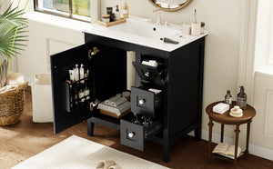 English Elm 30 Inch Bathroom Vanity with Ceramic Sink and 3 Smooth-Glide Drawers, Modern Moisture-Resistant Storage Black N710P252105B