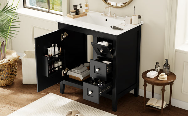 English Elm 30 Inch Bathroom Vanity with Ceramic Sink and 3 Smooth-Glide Drawers, Modern Moisture-Resistant Storage Black N710P252105B