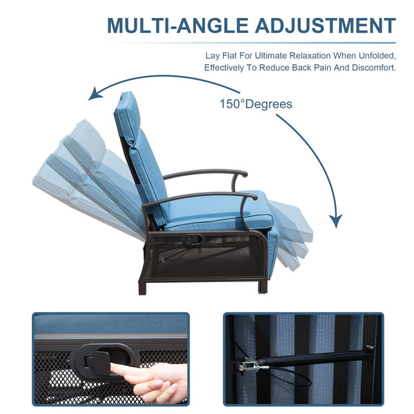 English Elm Adjustable Patio Recliner Chair with Flip Side Table, Ergonomic Cushions, Heavy-Duty Steel, 350lb Support Blue W1859P196390