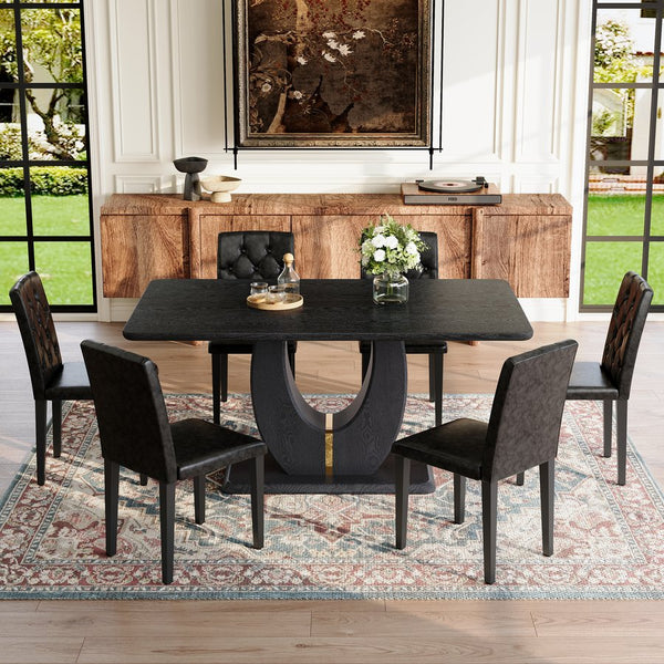 English Elm Black Wood Grain Mdf Dining Set Seats 4 with Pu Leather Arched Leg Chairs W1151S04432