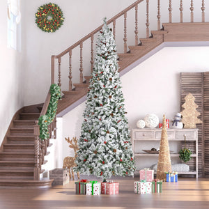English Elm Homcom 9 Foot Snow Flocked Pencil Christmas Tree With Pine Cones & Berries For Compact Spaces W2225P229733