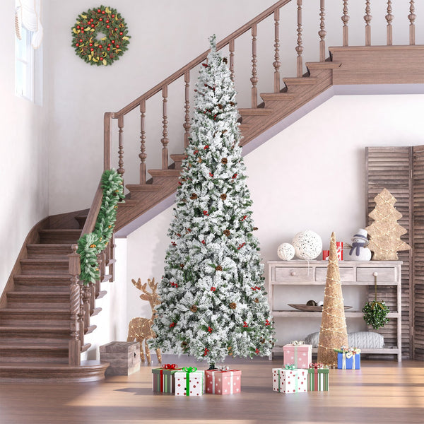 English Elm Homcom 9 Foot Snow Flocked Pencil Christmas Tree With Pine Cones & Berries For Compact Spaces W2225P229733