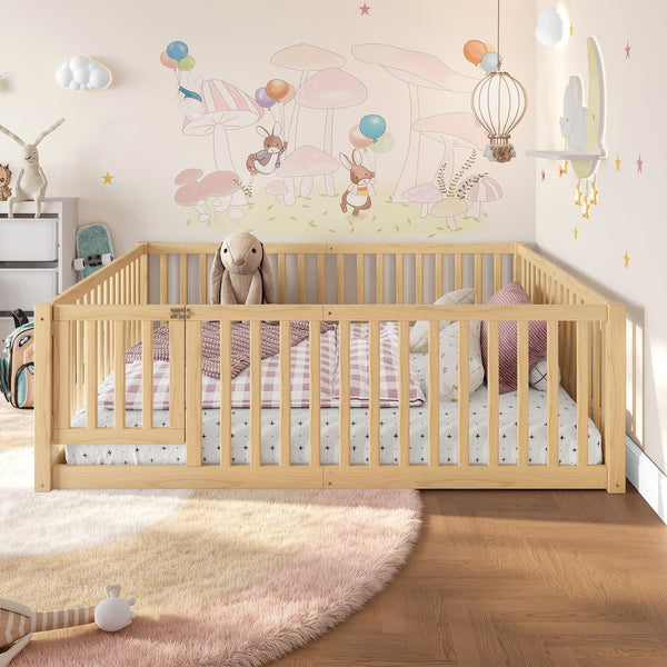 English Elm Twin Floor Bed Pine Wood Frame with Guardrails and Door for Safe Toddler Sleep Natural W1580P417671