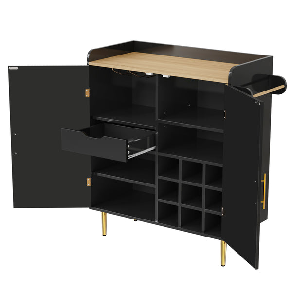 English Elm Modern Fluted Bar Cabinet with Wine Rack Glass Holders Adjustable Shelving and Hidden Drawer Black N728P438606B
