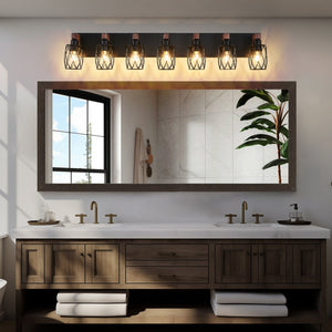 English Elm Industrial Seven Light Black Iron Cage Sconce with Walnut Wood Backplate for Bath W1340P276817